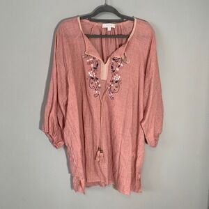 Weekend Suzanne Betro Pink Embroidered Peasant Blouse Tassel Top 4X